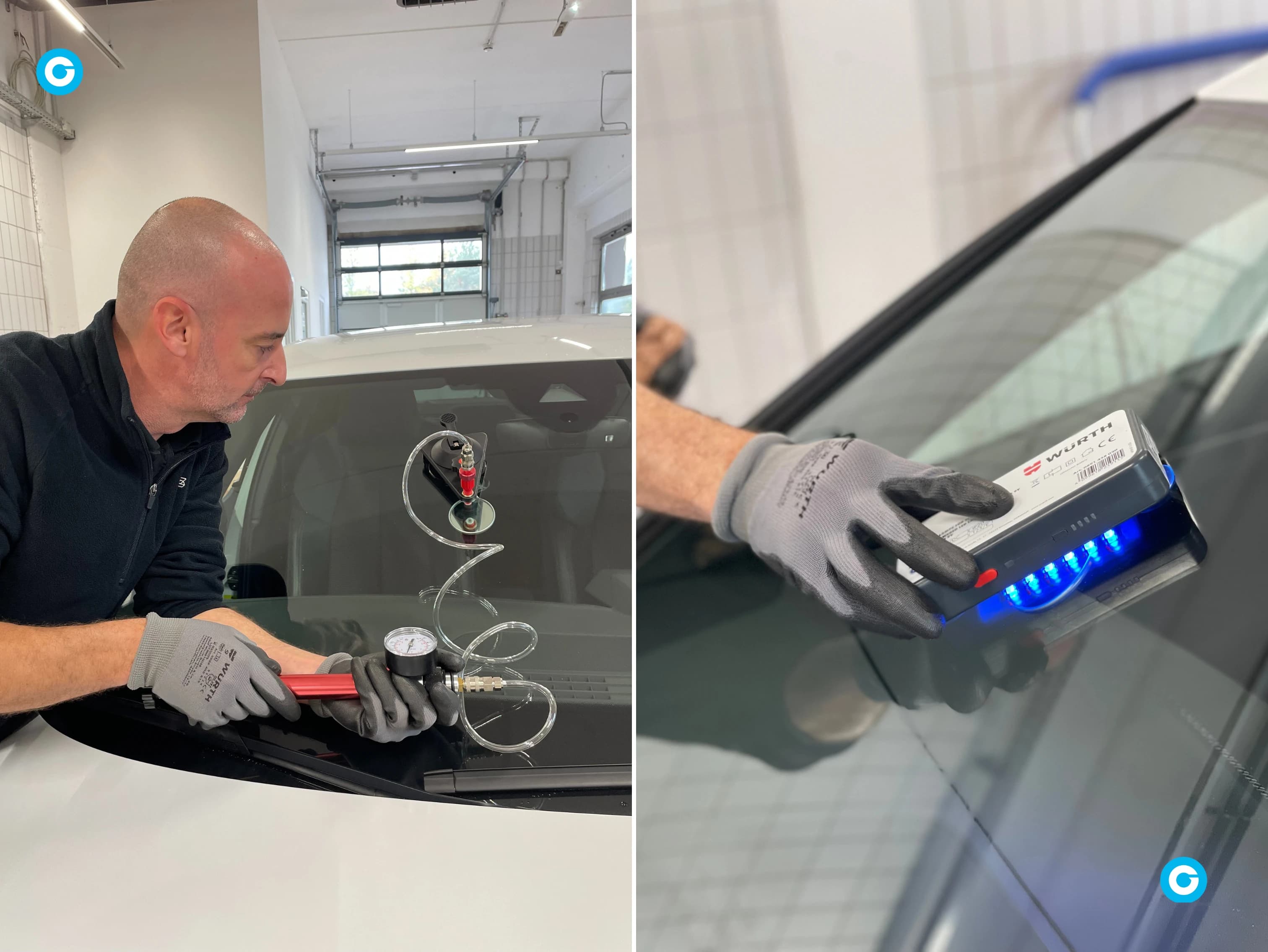 Technicien injectant la résine avec un manomètre, puis lampe UV bleue polymérisant la réparation